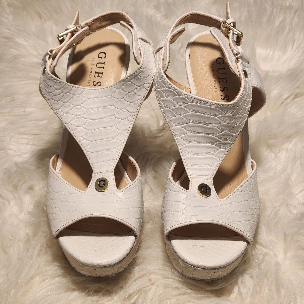 Guess White Faux Leather Wedges Cork Heels Size 7.5